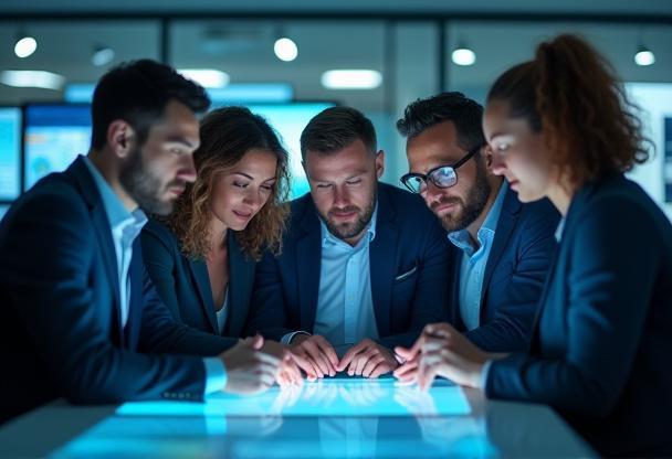 Team collaborating in a modern office environment discussing data.